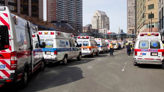 Ambulances line the street after explosions reportedly interrupted the running of the 117th Boston Marathon in Boston